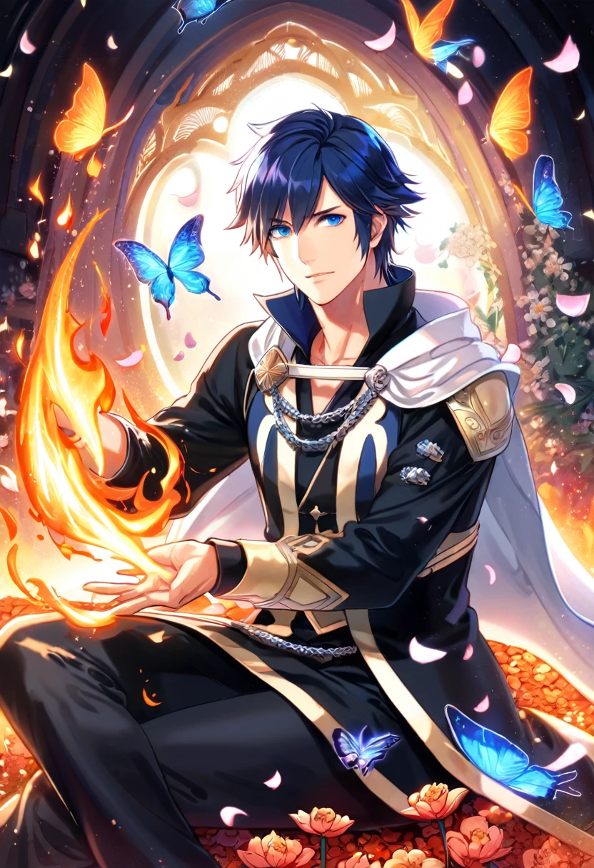 (absurdres, highres, ultra detailed, HDR) master piece, best quality, perfect face, delicated features, Chrom, dark blue hair, expressive blue eyes, fire emblem awakening, solo, sexy man, handsome, black clothes, white cape, black pants, sitting, magical, petals, flowers, butterflies