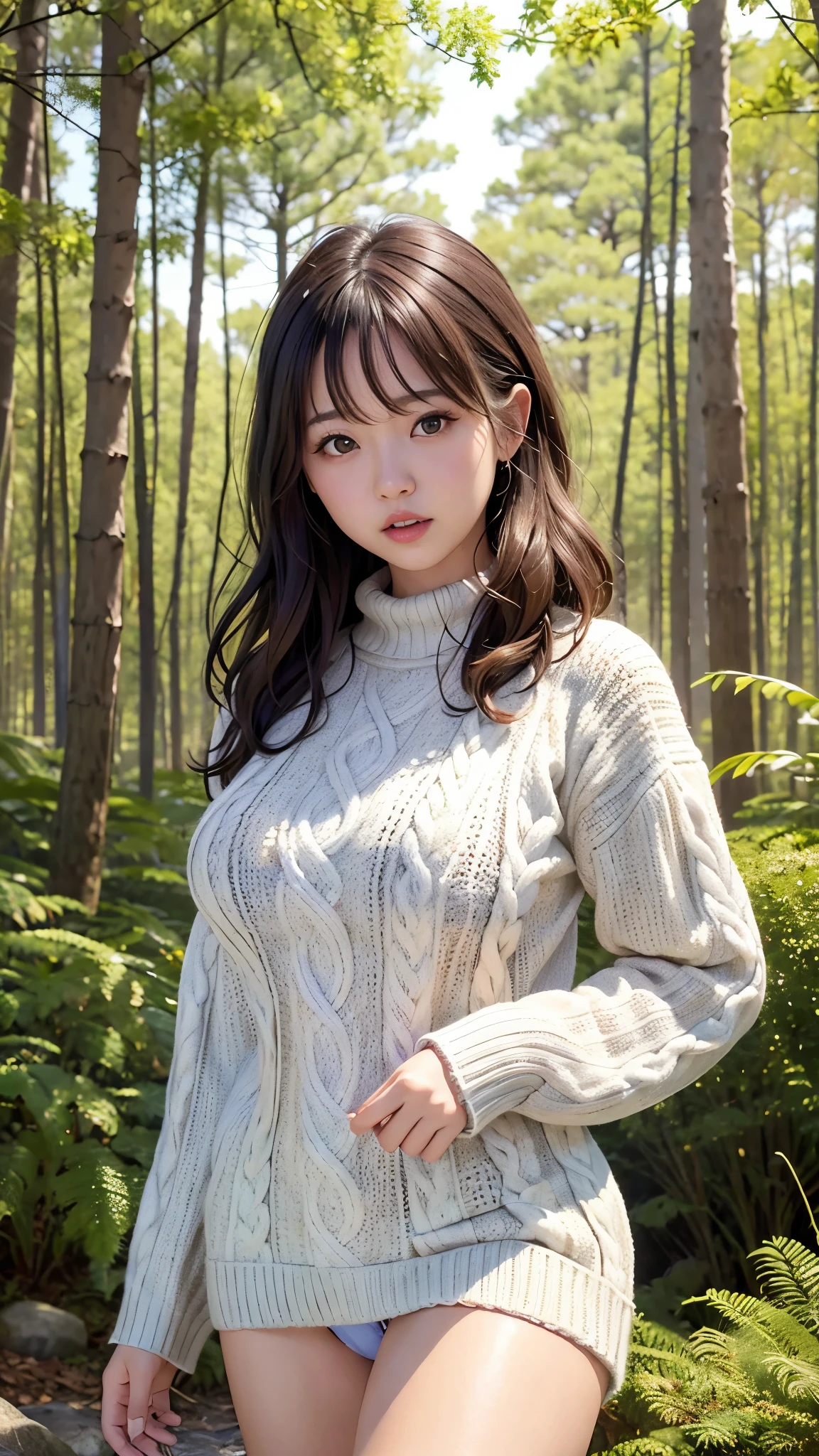 highest quality, masterpiece, Ultra-high resolution, Very detailed, Realistic, RAW shooting, Natural skin texture, (1 Japanese girl wearing a cable knit sweater:1.3), Adorable expression, 25 years old, Amazingly cute, Curly Hair, Black Hair, light makeup, large breasts, winter forest, surprised, Cowboy Shot, lace panties