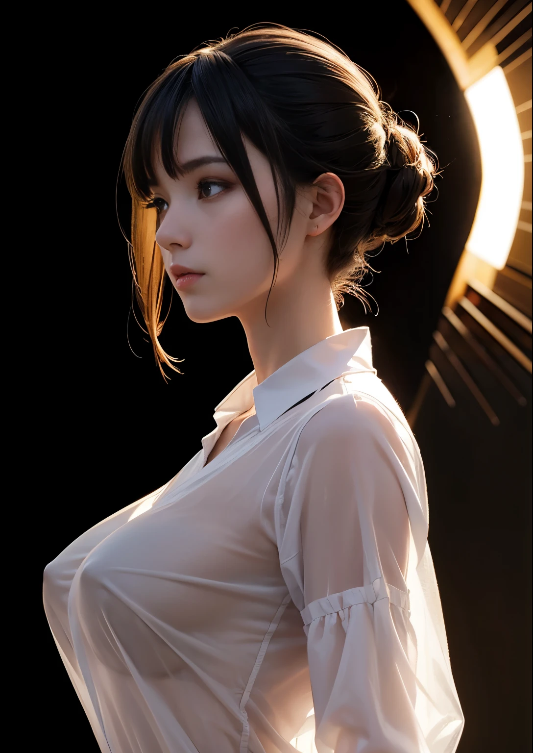 (best quality, masterpiece, high resolution:1.1),Use natural light and color, hyper detail clothes, high detailed anime image, cinematic light, 1 female , (silhouette of body:1.4),(transparent shirt:1.1), against light, erect nipples ,side view