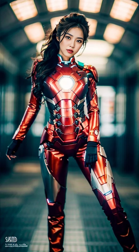 Sexy Woman, Dressed as Iron Man from Marvel Comics, Inside the fortress, That&#39;s cool., (Ultra-photorealism), (Awareness-raising), (High resolution), (8k), (Very detailed), (Best illustrations), (highest quality), (Super detailed), (masterpiece), solo, (Dynamic Pose), Dark studio