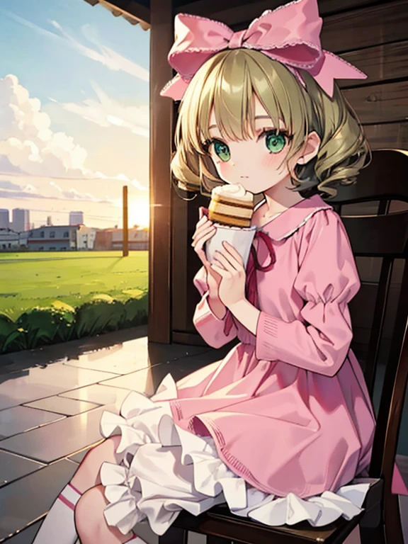 masterpiece, highest quality, Very detailed, 16k, Ultra-high resolution, Cowboy Shot, One 12-year-old girl, Detailed face, Perfect Fingers, hair bow, ribbon, drill hair, green eyes, short hair, pink dress,white bloomers, white pantyhose, hinaichigo, Western-style building, table, Sit on a chair, Eat cake