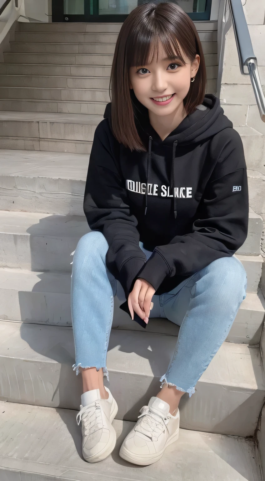 highest quality, Realistic, Very detailed, Finer details, High resolution, 8k wallpaper, One beautiful woman,Sit on the stairs、（Wear black socks）smile、（Beautiful teeth alignment、）（Gums are visible） Oversized hoodie, Skinny jeans,（ Black sneakers）、Black Hair、 Beautiful Bangs、ear piercing、Perfect dynamic composition, Beautiful and detailed, Full Body Shot, A big smile brown hair