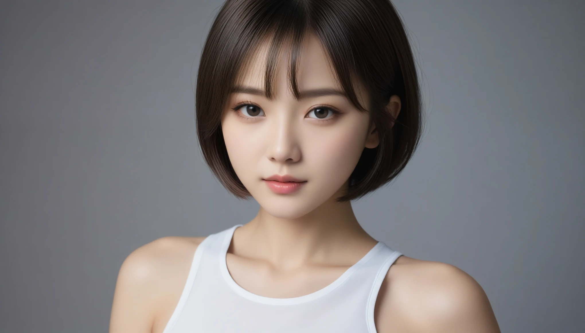 8k, Ultra-high resolution, highest quality, masterpiece, Surreal, photograph, 1 girl, (16 years old:1.3), pretty girl, Cute Face, Beautiful eyes in every detail, 細かくdetailedに,masterpiece,Japan Female Announcer,（((White shirt))）、フィルムポートレートphotograph、One Girl、Exposing shoulders、Bob Cut Hair、Calm、Upper Body、(Realistic detailedd eyes、Natural skin texture、Realistic facial details)、Soft and dramatic lighting、Depth of written boundary、Vivid details、detailed、Surreal、Light and shadow,Strong light,Thin lips,Bob Cut Hair, Dynamic pose、 Sexy pose、See through 、Looking at the audience、beauty,Long neck、Laugh a little、Please close your mouth and laugh、(((Ideal body type))),A-cup small breasts :2,、Portraiture:2、Perfect Anatomy、鮮明なdetailed、detailed、Surreal、Light and shadow,Strong light,Fashion magazine cover,Thin lips