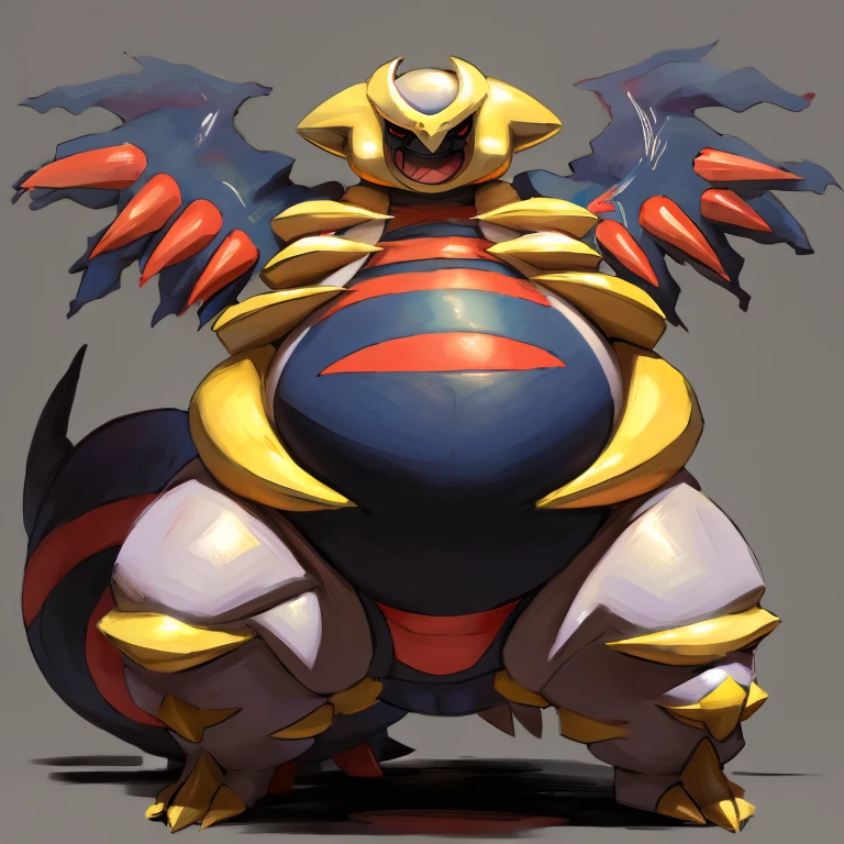 Pokemon obese giratina ,huge belly, full belly,, thick thighs, vire, bulging belly, squirming belly, rape face,