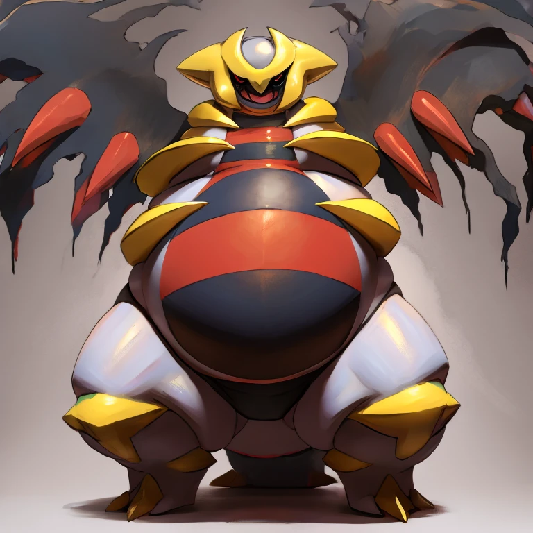 Pokemon obese giratina ,huge belly, full belly,, thick thighs, vire, bulging belly, squirming belly, rape face,