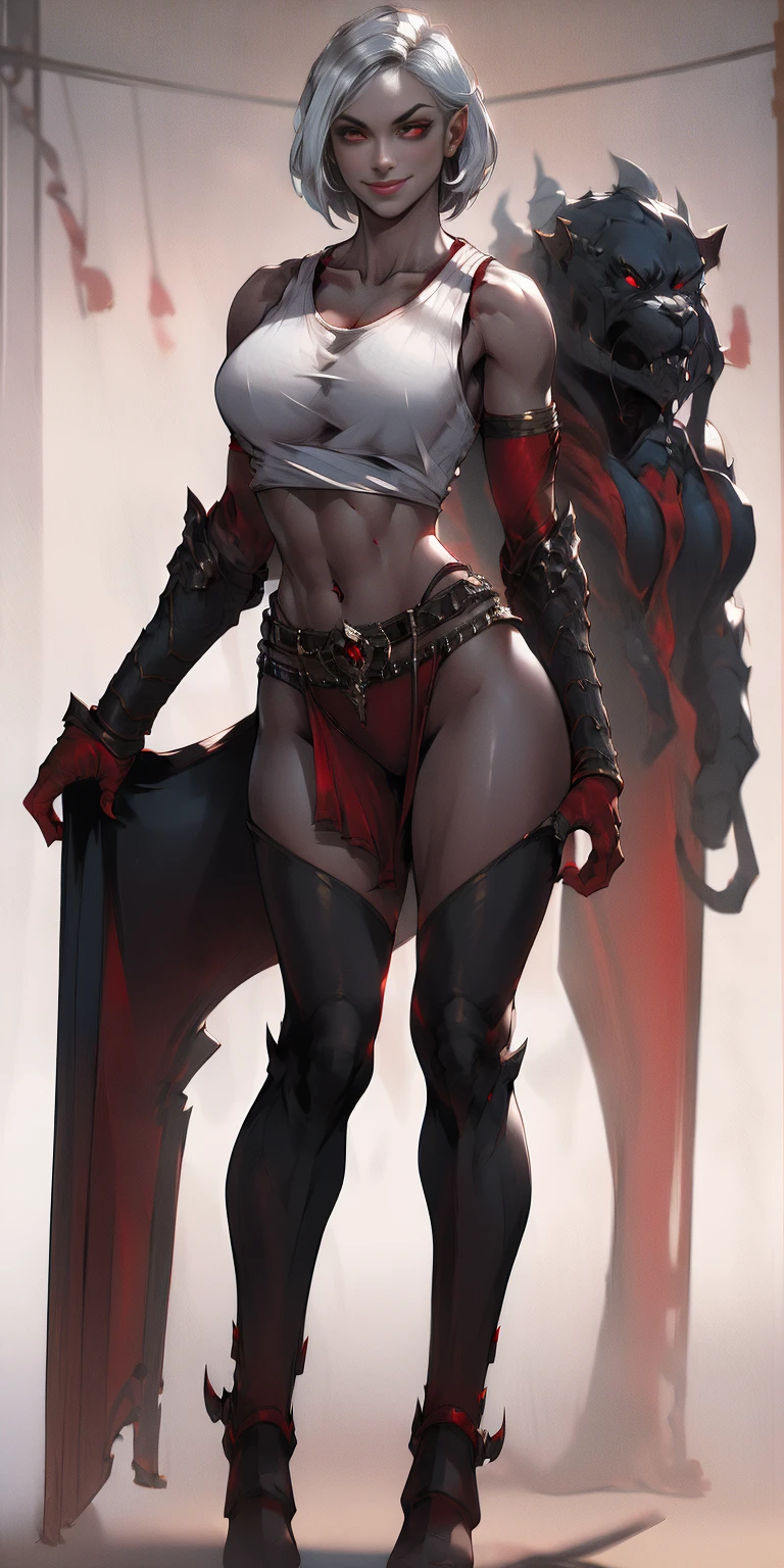 (plain background, 8k, best quality, masterpiece, realistic, photo-realistic:1.37) (full body height standing straight symmetrical contrapposto) (looking at viewer) 2legs apart (wide stance) ultra detailed, 1solo cute girl (beautiful detailed eyes) (smile:1.2) (closed mouth) view from below depth of field, good composition, WHITE SILVER bob hair, perfect knockers, suspenders, toned body, athletic, wide hips, thin waist, toned arms, exposed abdomen, abs toned, navel, big belly button belt ((red cheeks, red eyes, red tank top, red thong, red gloves gauntlets))