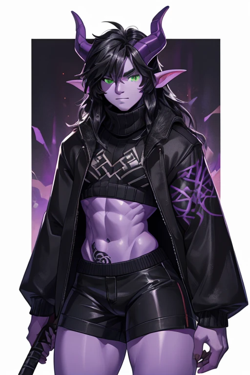 (male with purple skin and tattoo), ((male)), black hair, crazy messy long hair, (green eyes), (thick thighs), solo, ((purple skin)), wide hips huge, thin waist, big trapeziusfur coat, black crop top turtle neck sweater with no arm sleeves, (holding weapon in the right), black and white horns, demonic, tiefling, shorts, sweater, jacket