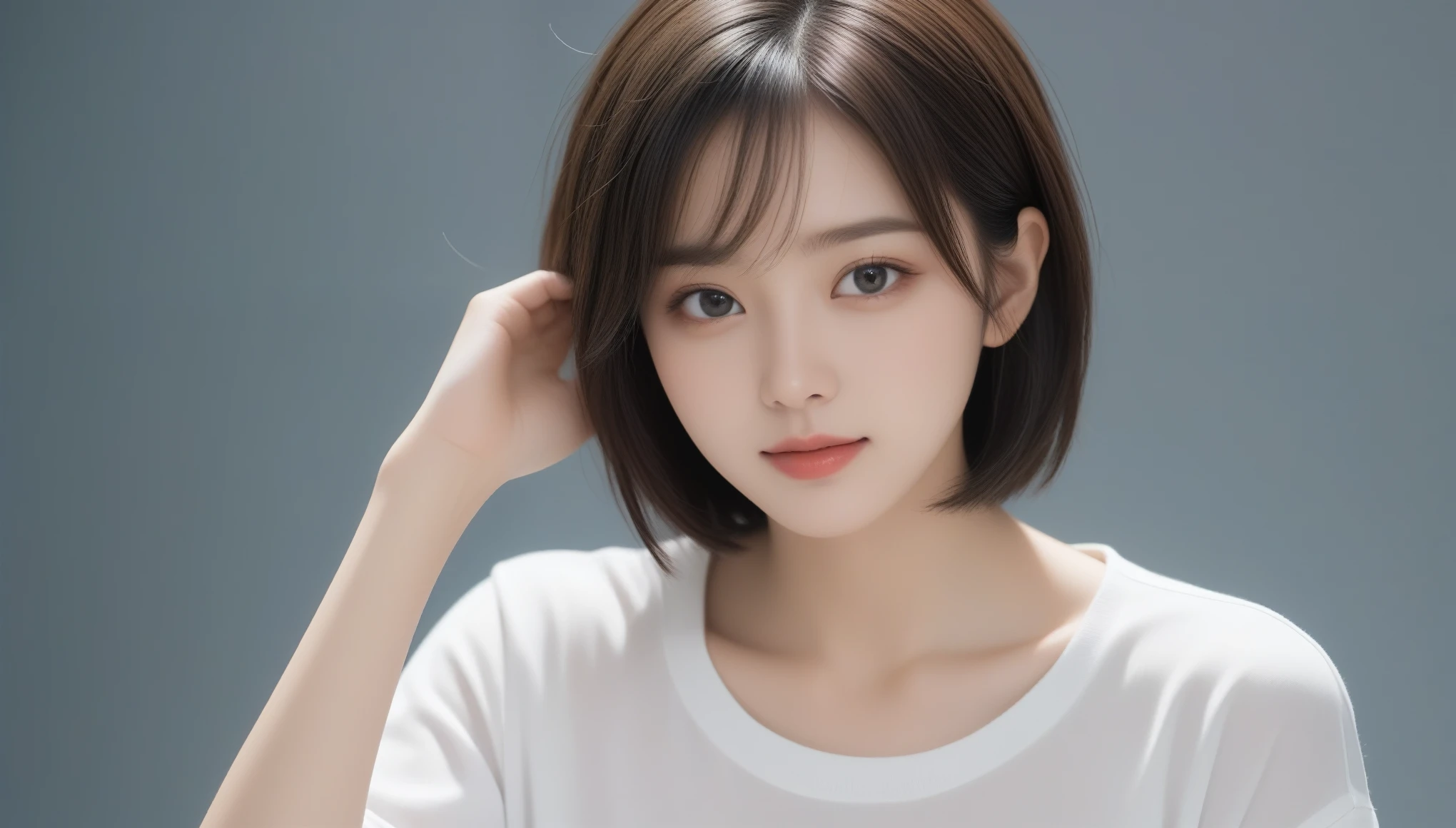 8k, Ultra-high resolution, highest quality, masterpiece, Surreal, photograph, 1 girl, (:1.3), pretty girl, Cute Face, Beautiful eyes in every detail, 細かくdetailedに,masterpiece,Japan Female Announcer,(((White shirt)))、フィルムポートレートphotograph、One Girl、Exposing shoulders、Bob Cut Hair、Calm、Upper Body、(Realistic detailedd eyes、Natural skin texture、Realistic facial details)、Soft and dramatic lighting、Depth of written boundary、Vivid details、detailed、Surreal、Light and shadow,Strong light,Thin lips,Bob Cut Hair, Dynamic pose、 Sexy pose、See through 、Looking at the audience、beauty,Long neck、Laugh a little、Please close your mouth and laugh、(((Ideal body type))),A-cup small breasts :2,、Portraiture:2、Perfect Anatomy、鮮明なdetailed、detailed、Surreal、Light and shadow,Strong light,Fashion magazine cover,Thin lips
