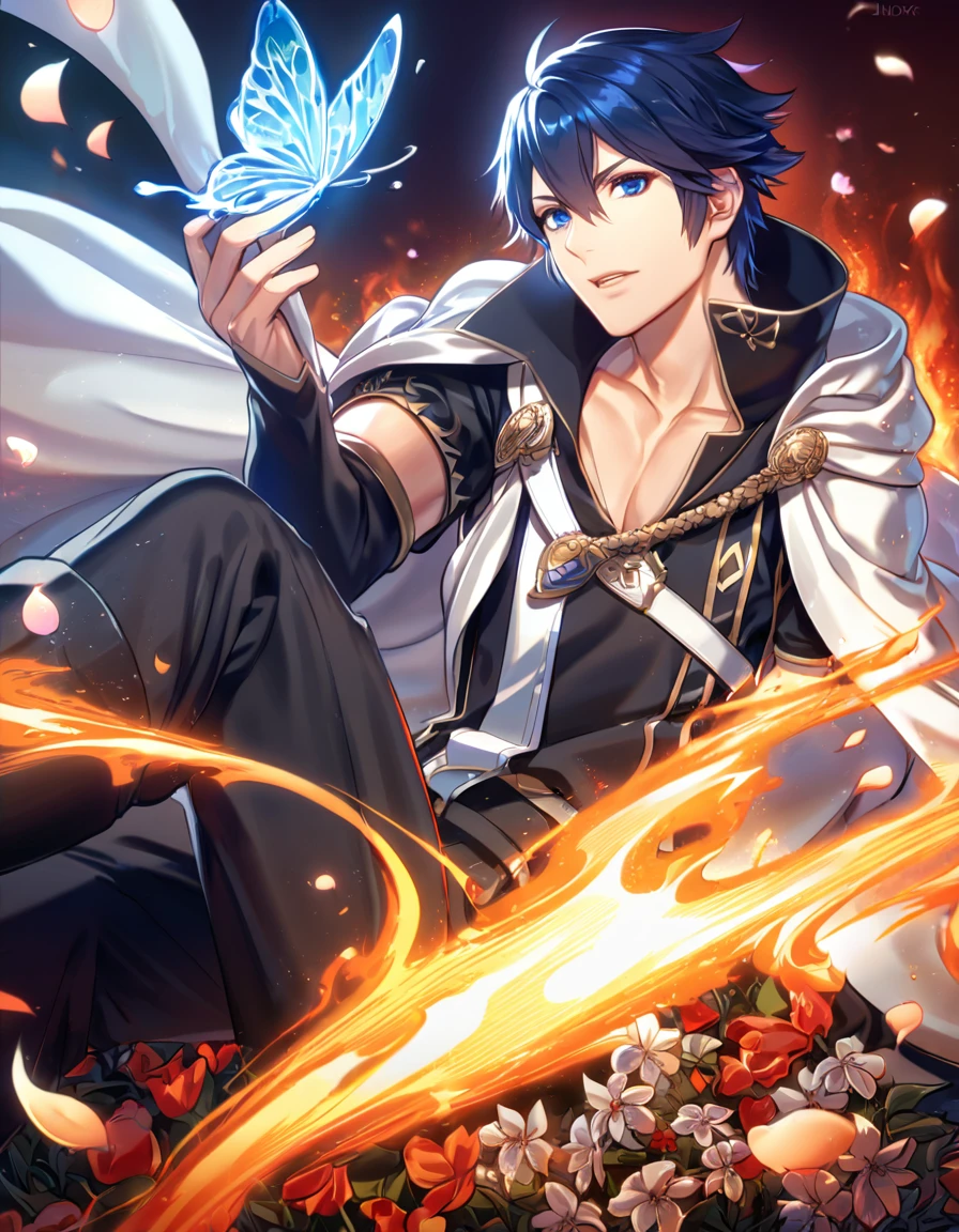 (absurdres, highres, ultra detailed, HDR) master piece, best quality, perfect face, delicated features, Chrom, dark blue hair, expressive blue eyes, fire emblem awakening, solo, sexy man, handsome, black clothes, white cape, black pants, sitting, magical, petals, flowers, butterflies