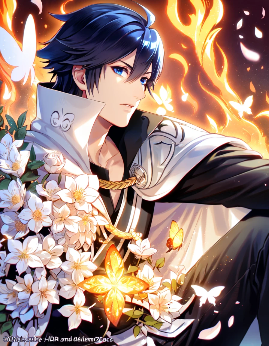 (absurdres, highres, ultra detailed, HDR) master piece, best quality, perfect face, delicated features, Chrom, dark blue hair, expressive blue eyes, fire emblem awakening, solo, sexy man, handsome, black clothes, white cape, black pants, sitting, magical, petals, flowers, butterflies