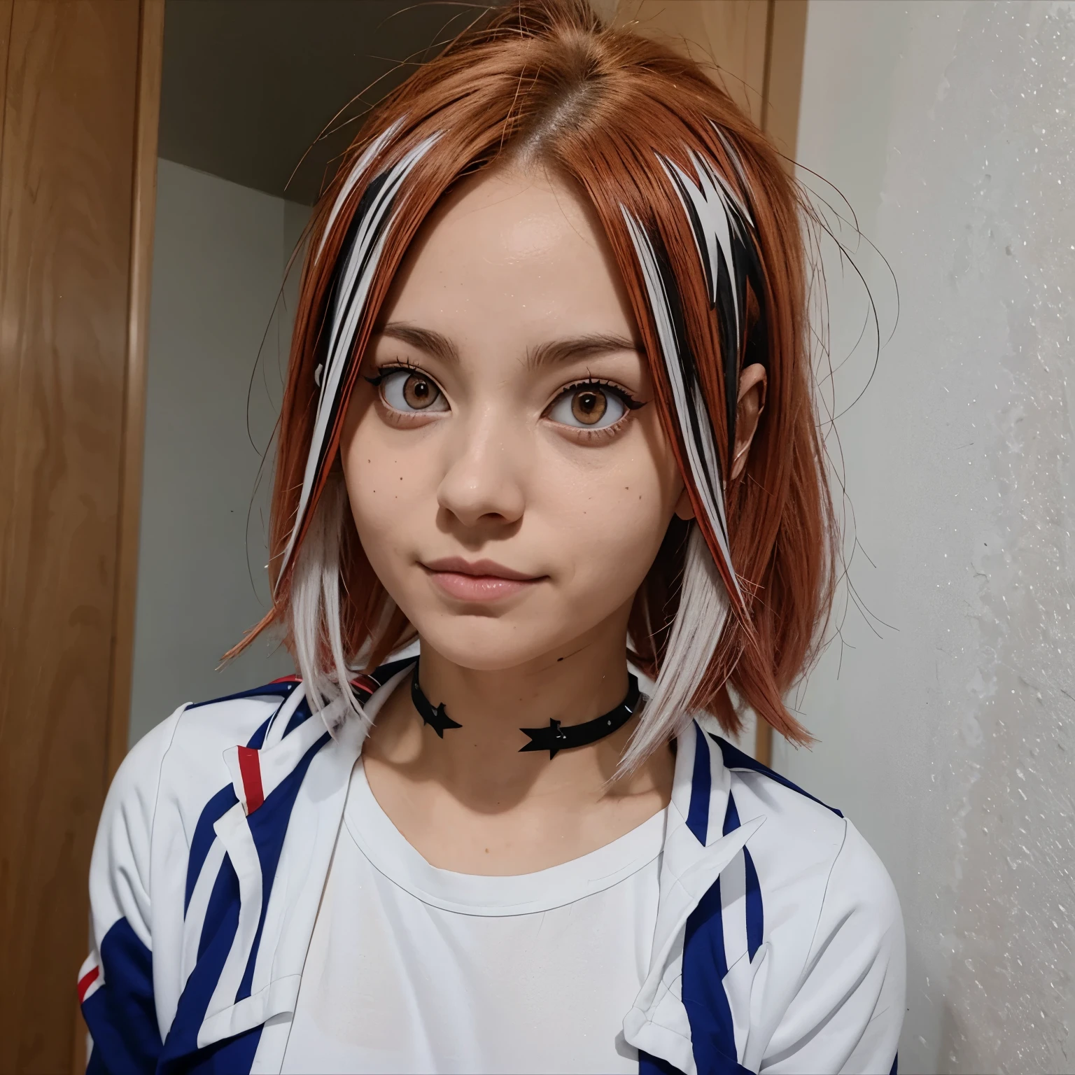 Boku no hero: Uma de cabelos curtos e vermelhos com uma franja dividida no meio, com olhos cinzas com com alguns piercing na orelha. She will be wearing the My Hero Academia uniform