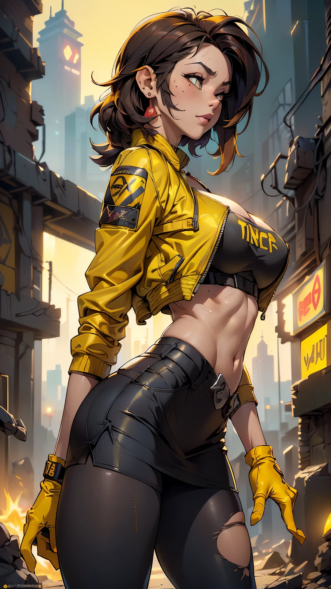 (rear view, backside view),score_9, score_8_up, score_7_up, Rogue from X-Men , beautiful girl,,(Fondo de ruinas de mazmorra en ruinas:1.4 ),(cabello largo negro :1.4), blush, perfect eyes, red hair with white bangs, flying in sky, half-closed eyes, hearts, seductive, green eyes, solo, nsfw, (tight torn yellow shirt:1.4) , (tight torn yellow pants:1.4) ,( yellow gloves_:1.4) , (exposed nippless__:1.4) ,( exposed vulvaa__:1.4) ,(bomber jacket with X-Men logo patch on one sleeve:1.4) , realistic, 18 year old, arms raised, ((nipslip)), body facing viewer , X-Men logo belt buckle, (Fondo ciudad destroyed apocalypse fantasy:1.4), (Obra maestra: 1.4), (8K, realista, foto cruda, La mejor calidad: 1.4),,(Fondo de ruinas de mazmorra en ruinas cyberpunk :1.4 ), (miniskirt yellow rasgados :1.4),( no mutaciones), (face detailed :1.4), (medias red negro /pantys:1.4),(perfect anatomy:1.4 ), (leggings yellow :1.4), (no text), (rear view, backside view),( culo hermoso), (fondo piedras grandes cueva caverna :1.4),( dedos hermosos detailed :1.4), (rear view, backside view),(pantyhose mate:1.4), (mini skirt yellow :1.4), (guarra, erotica, sugerente) ,(no Mutaciones)