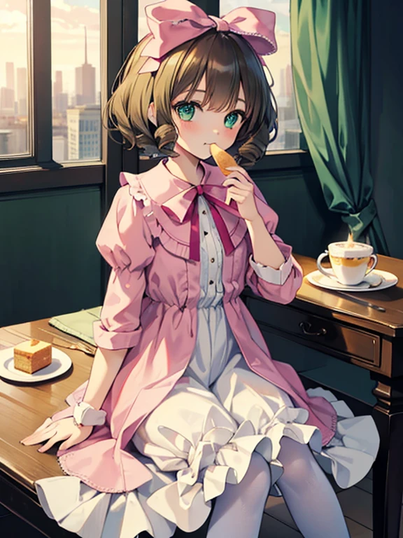 masterpiece, highest quality, Very detailed, 16k, Ultra-high resolution, Cowboy Shot, One , Detailed face, Perfect Fingers, hair bow, ribbon, drill hair, green eyes, short hair, pink dress,white bloomers, white pantyhose, hinaichigo, Western-style building, table, Sit on a chair, Eat cake