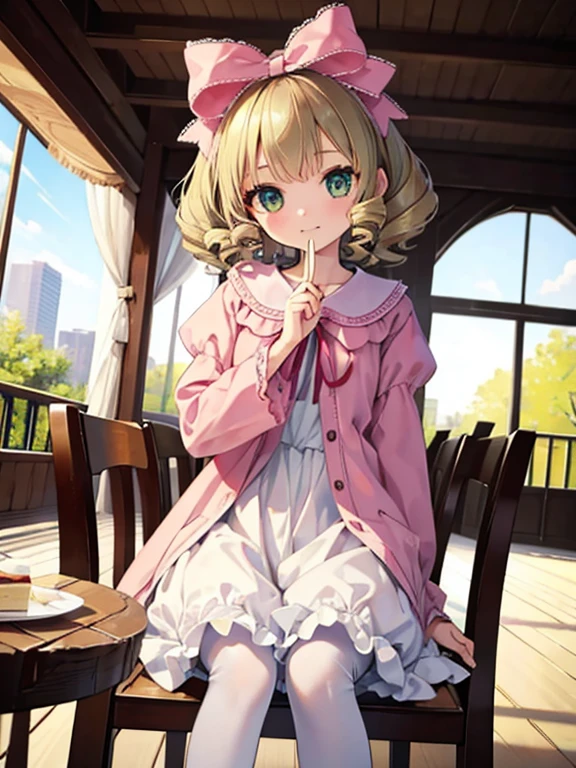 masterpiece, highest quality, Very detailed, 16k, Ultra-high resolution, Cowboy Shot, One ****************, Detailed face, Perfect Fingers, hair bow, ribbon, drill hair, green eyes, short hair, pink dress,white bloomers, white pantyhose, hinaichigo, Western-style building, table, Sit on a chair, Eat cake