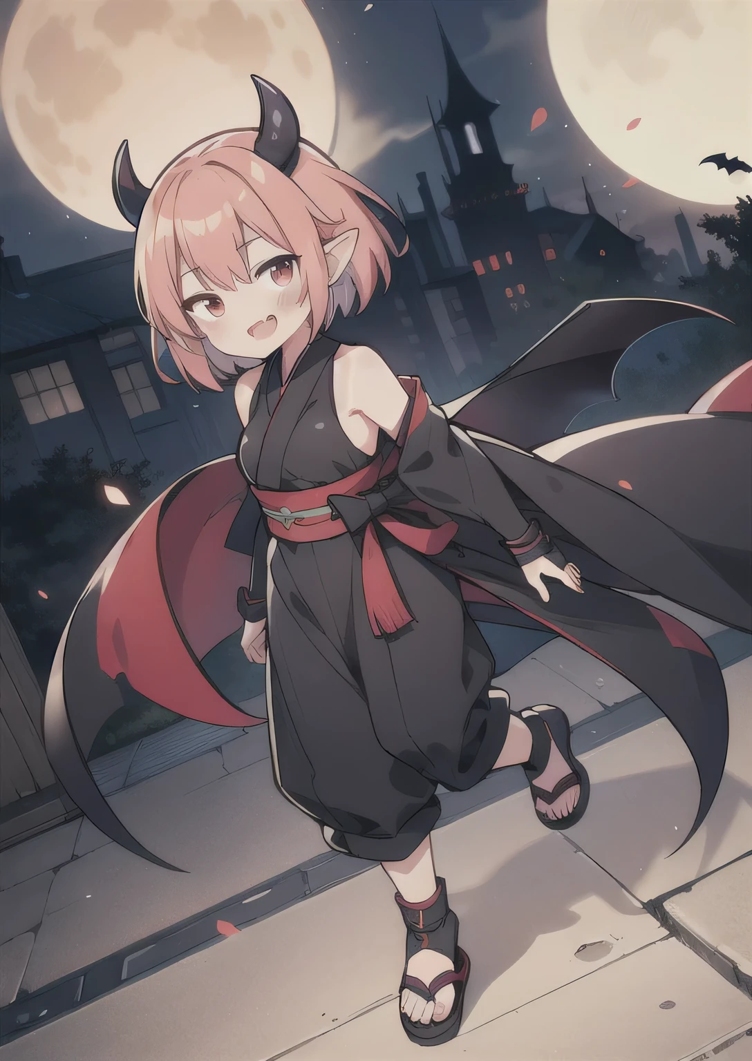 8K, 1girl, petit, adult, kawaii magical girl, crimson hair, short hair, red eyes, fang, bat wings, smile, (blush), (shy), pointed ears, looking at viewer, dynamic angle, wind, game cg, fantastic scenery, demon tail, thin tail, black horns, medium breast, show full body, ninja, ninja outfit, kunoichi