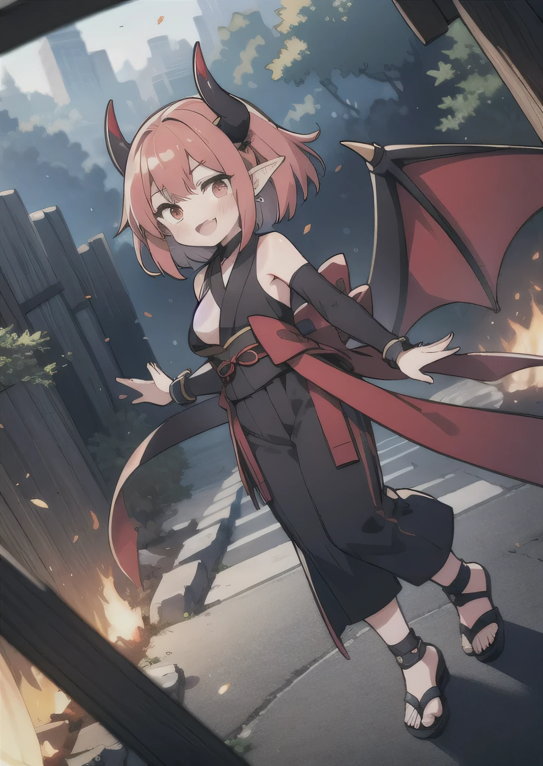 8K, 1girl, petit, adult, kawaii magical girl, crimson hair, short hair, red eyes, fang, bat wings, smile, (blush), (shy), pointed ears, looking at viewer, dynamic angle, wind, game cg, fantastic scenery, demon tail, thin tail, black horns, medium breast, show full body, ninja, ninja outfit, kunoichi