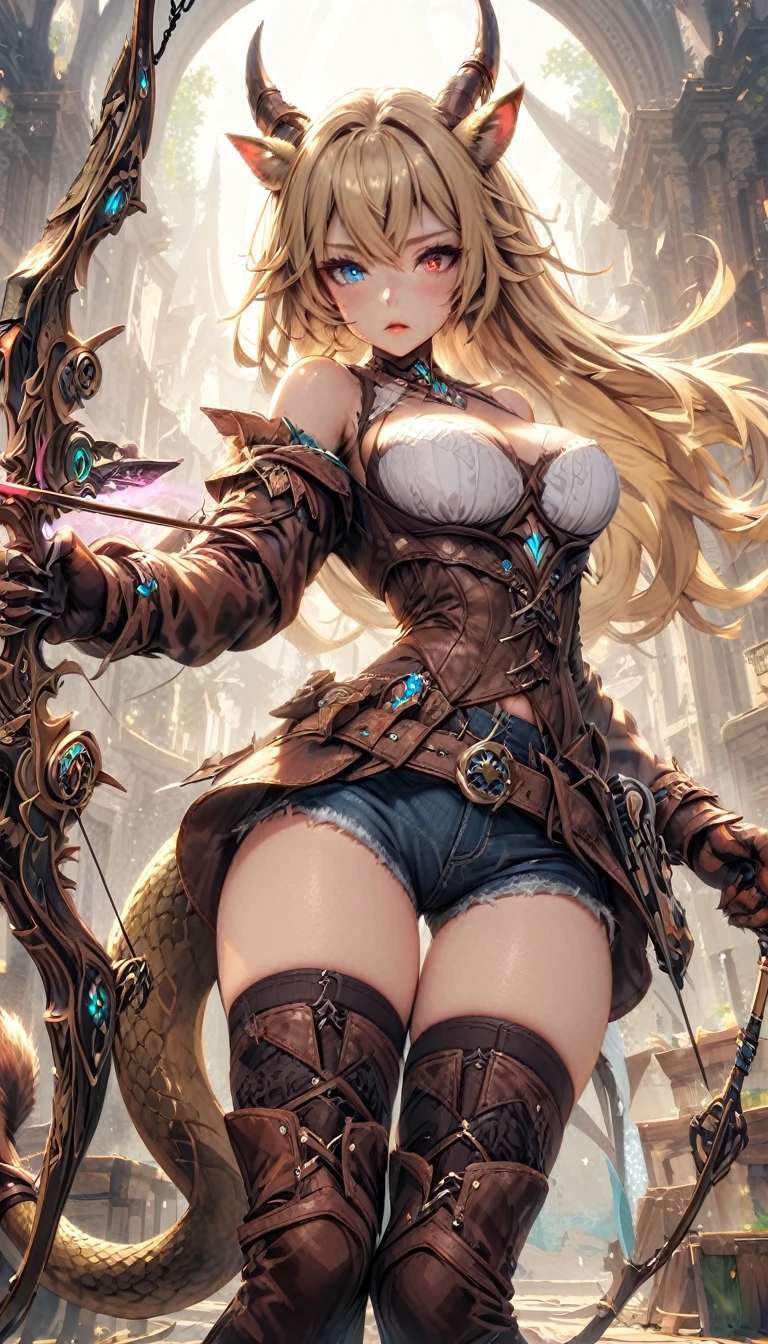 (masterpiece), (best quality:1.4), (perfect anatomy:1.4), high quality, expressive eyes, full body, tall girl, detailed face, beautiful face, perfect face, detailed ((blonde hair)), (green hair), {{pale skin}}, chimera, large breasts, thick thighs, very long hair, bare shoulders, denim, (short shorts), dynamic lighting, high resolution, 4k resolution, dynamic pose, silver jewelry, {fantasy background}, choker, animal ears, cat ears, ((lion ears)), {{snake head tail}}, snake tail, (tail), ((multicolored hair)), thigh-highs, horns, goat horns, dragon horns, curvy, ((monster girl)), heterochromia, red eyes, icy blue eyes, feathered wings, claws, thigh gap, white shirt, brown leather jacket, cowboy hat, midriff, oversized crossbow, crossbow, 