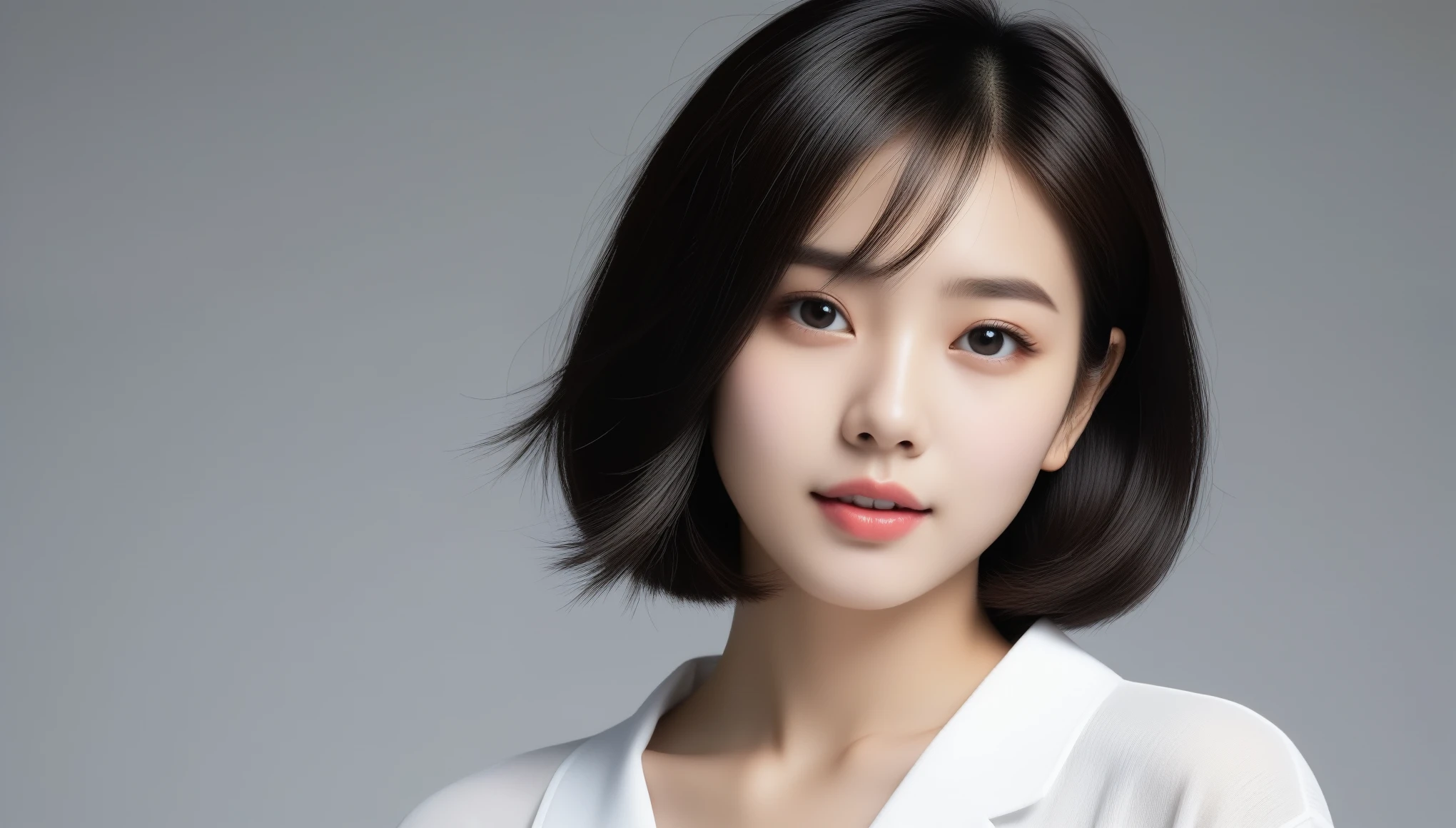 8k, Ultra-high resolution, highest quality, masterpiece, Surreal, photograph, 1 girl, (16 years old:1.3), pretty girl, Cute Face, Beautiful eyes in every detail, 細かくdetailedに,masterpiece,Japan Female Announcer,（((White shirt))）、フィルムポートレートphotograph、One Girl、Exposing shoulders、Bob Cut Hair、Calm、Upper Body、(Realistic detailedd eyes、Natural skin texture、Realistic facial details)、Soft and dramatic lighting、Depth of written boundary、Vivid details、detailed、Surreal、Light and shadow,Strong light,Thin lips,Bob Cut Hair, Dynamic pose、 Sexy pose、See through 、Looking at the audience、beauty,Long neck、Laugh a little、Please close your mouth and laugh、(((Ideal body type))),A-cup small breasts :2,、Portraiture:2、Perfect Anatomy、鮮明なdetailed、detailed、Surreal、Light and shadow,Strong light,Fashion magazine cover,Thin lips