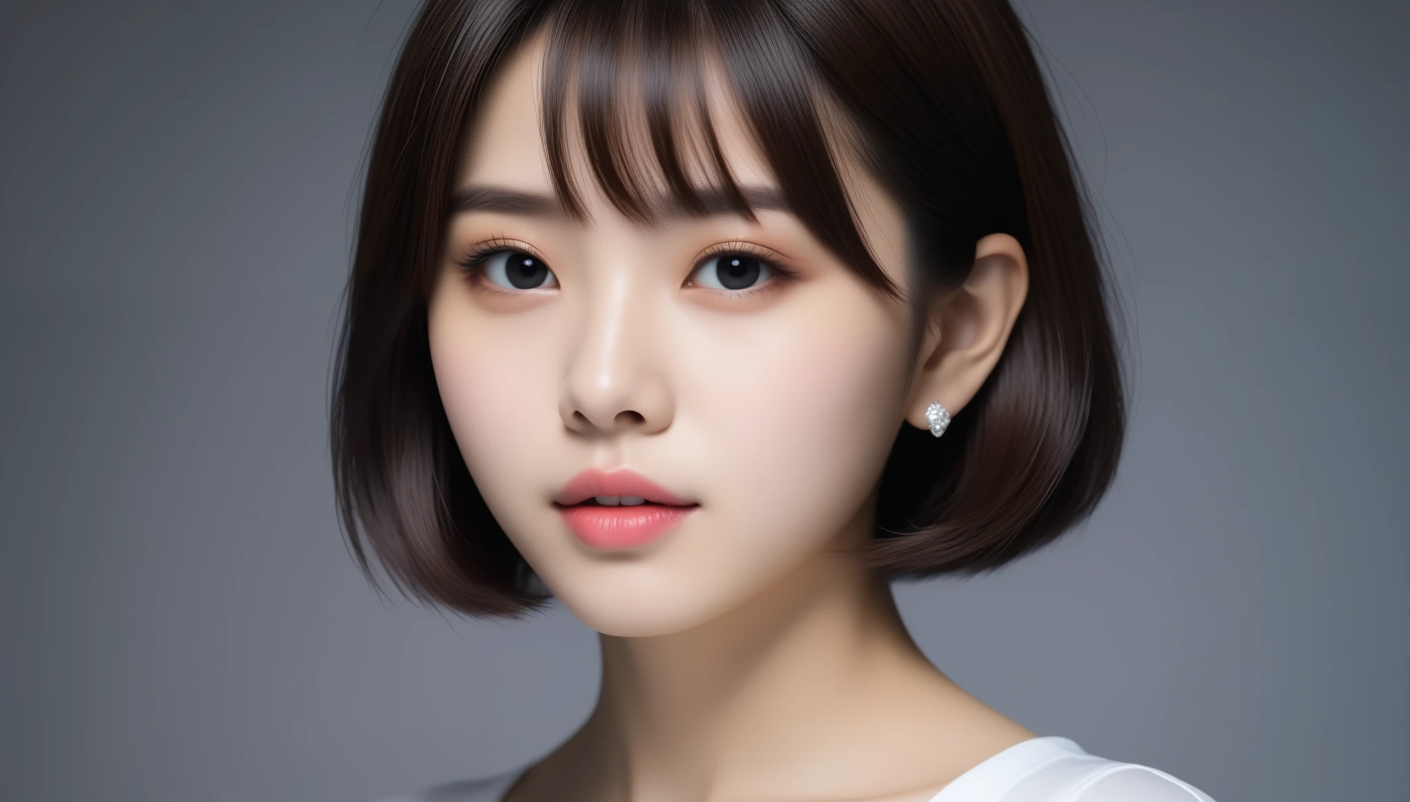 8k, Ultra-high resolution, highest quality, masterpiece, Surreal, photograph, 1 girl, (:1.3), pretty girl, Cute Face, Beautiful eyes in every detail, 細かくdetailedに,masterpiece,Japan Female Announcer,(((White shirt)))、フィルムポートレートphotograph、One Girl、Exposing shoulders、Bob Cut Hair、Calm、Upper Body、(Realistic detailedd eyes、Natural skin texture、Realistic facial details)、Soft and dramatic lighting、Depth of written boundary、Vivid details、detailed、Surreal、Light and shadow,Strong light,Thin lips,Bob Cut Hair, Dynamic pose、 Sexy pose、See through 、Looking at the audience、beauty,Long neck、Laugh a little、Please close your mouth and laugh、(((Ideal body type))),A-cup small breasts :2,、Portraiture:2、Perfect Anatomy、鮮明なdetailed、detailed、Surreal、Light and shadow,Strong light,Fashion magazine cover,Thin lips