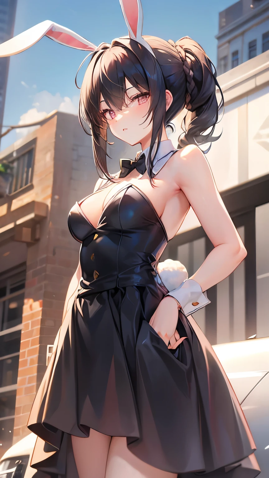 (Black Hair), Braided Ponytail, ((Bunny ears)), Rabbit&#39;s Tail, Maid headdress, Fujicolor, (((masterpiece))), ((Textured skin)), (((Attention to detail))), High resolution, cute, Lovely, Maid, Apron dress, Big Breasts, Bird&#39;s-eye view, ((Rose Garden)), Bouquet of roses