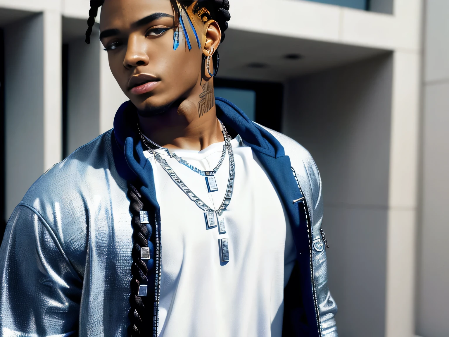 (african-american, young:1.1)Hot, (man:1.1), perfect beautiful face, (hot:1.1) aesthetic body, (rapper:1.1), (blue eyes, detailed eyes:1.1), (short hair, braids:1.1), (streetwear:1.1) clothes, (aesthetic:1.1), (best quality, highres, ultra-detailed:1.2), attractive man, (silver chain necklace:1.1), stylish attitude