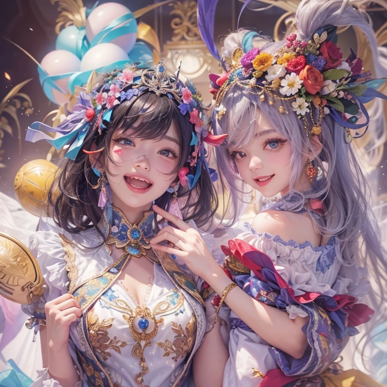 Hiding at the masquerade、Hair flow、 ((highest quality、masterpiece、8k、Best image quality、Ultra-high resolution、Award-winning works)、(Accurate anatomy:1.1)、(Look at me and smile:1.1)、Shining fair skin with Ultra-high resolution、The most detailed face、Ultra-high resolution detailed face、Ultra-high resolutionの髪の毛、(Ultra-high resolutionの煌めく瞳:1.1)、Beautiful face drawn in every detail、(Blurred Background:1.1)、Cheerful clown costume, Chest to chest, tattoo,、Wearing a Venetian mask