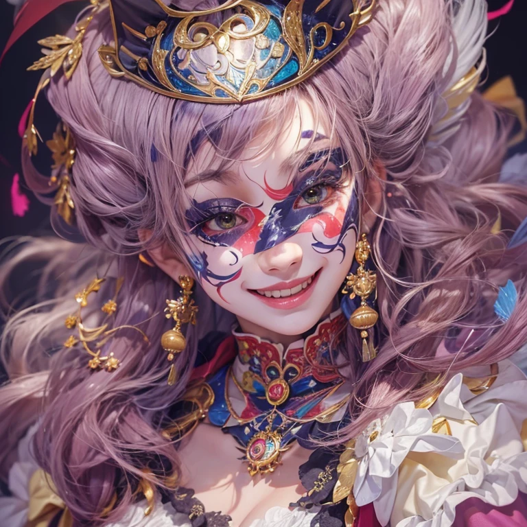 Hiding at the masquerade、Hair flow、 ((highest quality、masterpiece、8k、Best image quality、Ultra-high resolution、Award-winning works)、(Accurate anatomy:1.1)、(Look at me and smile:1.1)、Shining fair skin with Ultra-high resolution、The most detailed face、Ultra-high resolution detailed face、Ultra-high resolutionの髪の毛、(Ultra-high resolutionの煌めく瞳:1.1)、Beautiful face drawn in every detail、(Blurred Background:1.1)、Cheerful clown costume, Chest to chest, tattoo,、Wearing a Venetian mask