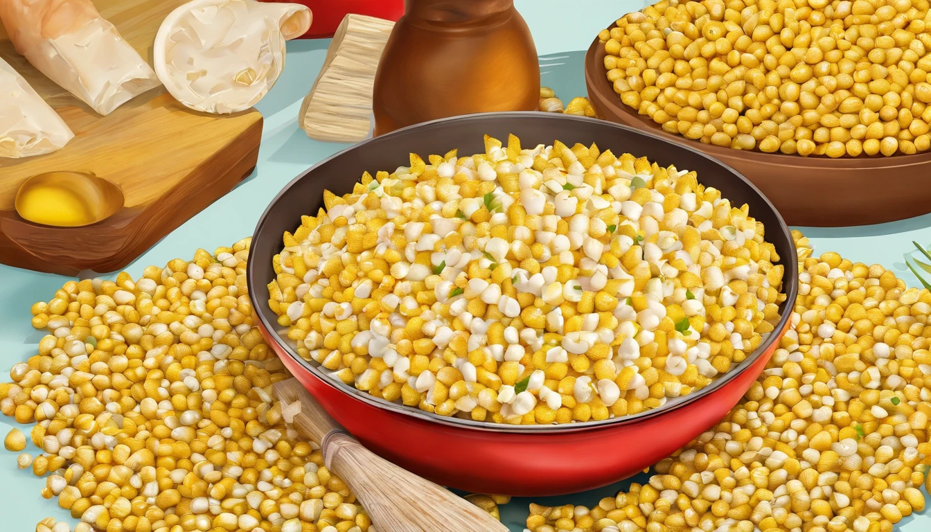 Esquites. Corn kernels cooked and served with mayo, sour cream, lemon and chili powder, very popular street food in Mexico, also known as Elote en Vaso. The recipe varies depending on the region
