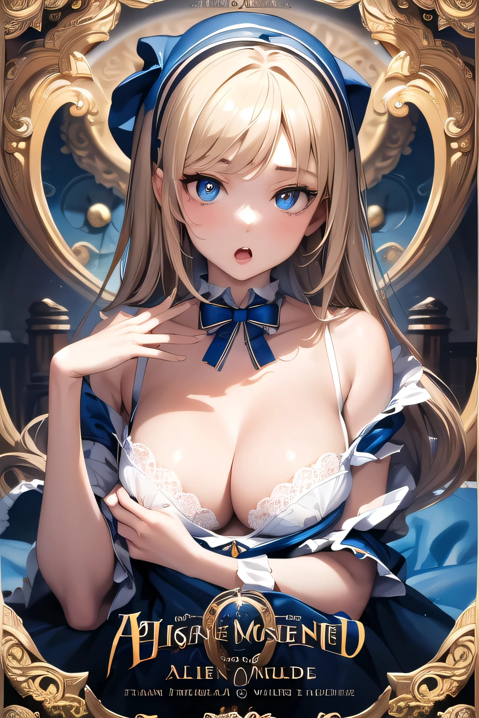 masterpiece, highest quality, One girl, The finest craftsmanship and attention to detail, Highly detailed face, Highly detailed eyes and face, Very beautiful eyes, clock, Alice in Wonderland, Movie Posters,Undressing, Change of clothes, Taking off her blue dress, White bra, White panties, View your viewers, Open your mouth,