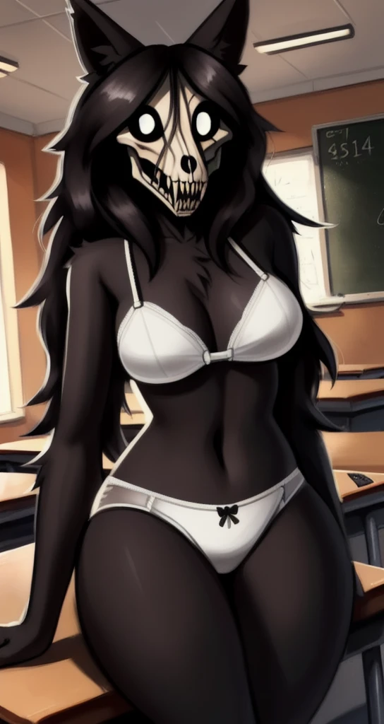 by Zackary911, kenket, kilinah, Zackary911, ((scp-1471, woman, breasts, antrum, extremely detailed, extremely detailed legs, extremely detailed arms, extremely detailed face, perfectly detailed eyes, perfectly detailed anatomy)): 1.2, solo, perspective, curved thighs, huge thighs, curvature, embarrassed angry face, (tail), totally blushed, nervous, looking at the viewer, white panties, white bra, classroom, frontal view, day, black fur, happy, black body