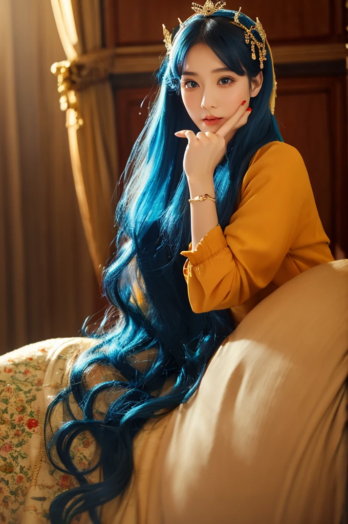 ((masterpiece, highest quality)),(shape),(detailedLight),((Very delicate and beautiful)),1 girl,Godolphin Arabian,long hair,blue hair,Green Eyes,Horse&#39;s ears,Uma Musume,hair_ornament,White Dress, Exposing shoulders, ,Sleeveless,Evening Dresses,Long dress,Outdoor, Light,blue sky, horizon, grassland, wild
