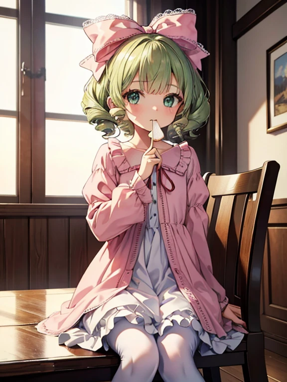 masterpiece, highest quality, Very detailed, 16k, Ultra-high resolution, Cowboy Shot, One 12-year-old girl, Detailed face, Perfect Fingers, hair bow, ribbon, drill hair, green eyes, short hair, pink dress,white bloomers, white pantyhose, hinaichigo, Western-style building, table, Sit on a chair, Eat cake