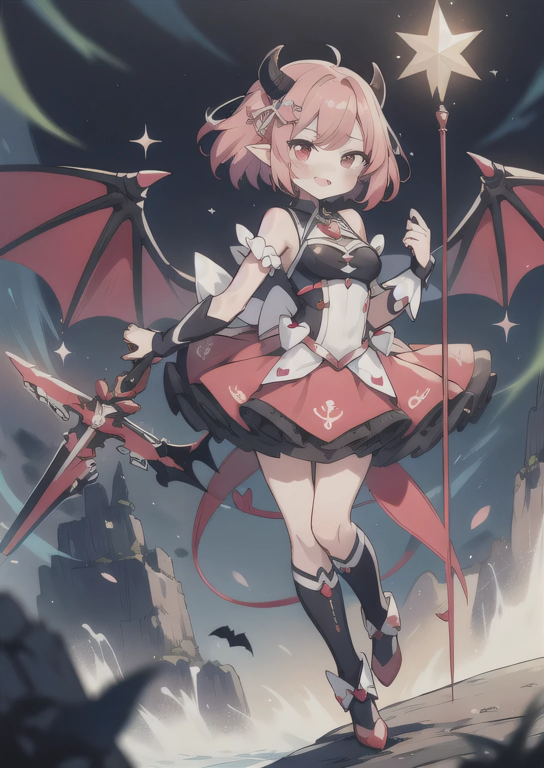 8K,  1girl, petit, adult, kawaii magical girl, crimson hair, short hair, red eyes, fang, bat wings, smile, (blush), (shy), pointed ears, looking at viewer,  dynamic angle, wind, game cg, fantastic scenery, demon tail, thin tail, black horns, medium breast, show full body, magical girl, dungeons, summon, maho shojo, Gushing Over Magical Girls, magicalgirl, mohoshoujo, Mahou Shoujo Artelion, Aietsu ni Oboreru Shitei