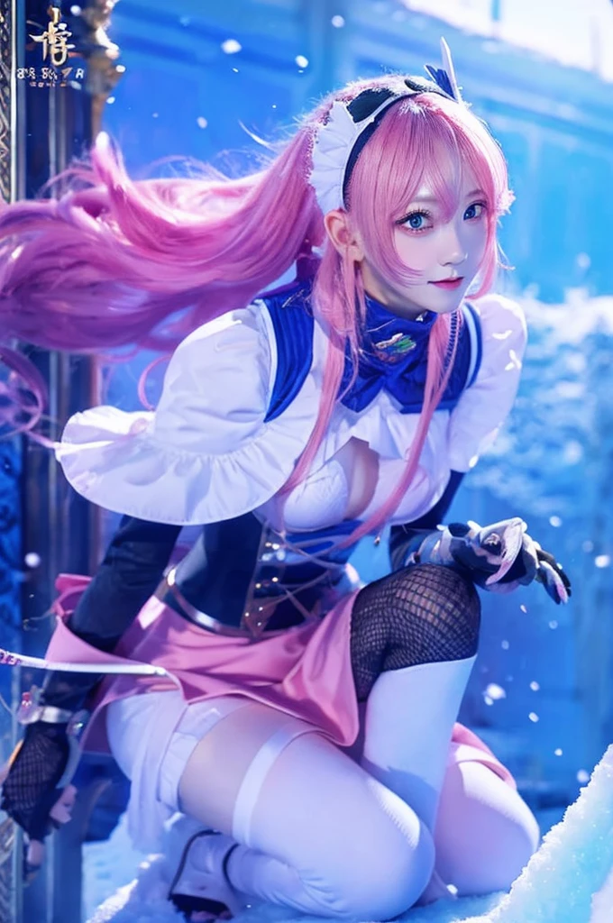 Extreme Detail, perfection, aerial photograph, Like a work of art., Anime girl with ice and snow sword, Pink hair and a long purple skirt go perfectly together., Staring at Genshin Ayaka from afar, Take me to the world of Genshin..