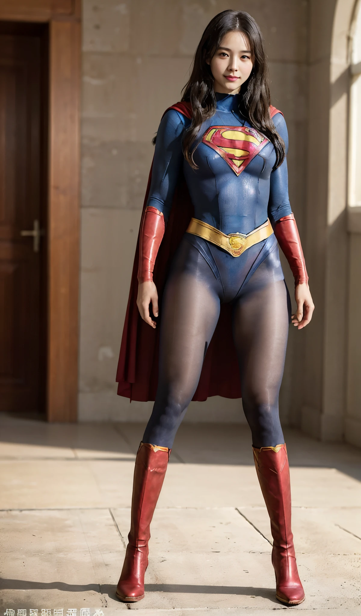 No background、(((Beautiful legs in black tights.)))、(((Legally express the beauty of your smile)))、((((Make the most of your original images)))、(((Body-fitting Supergirl costume)))、(((Supergirl Costume)))、(((Beautiful Hair)))、(((suffering)))、(((Please wear black tights....、Wear red boots)))、((Best image quality、8k))、((highest quality、8k、masterpiece:1.3))、(((Preserve background )))、Sharp focus:1.2、Beautiful woman with perfect figure:1.4、Slim Abs:1.2、Wet body:1.5、Highly detailed face and skin texture、8k