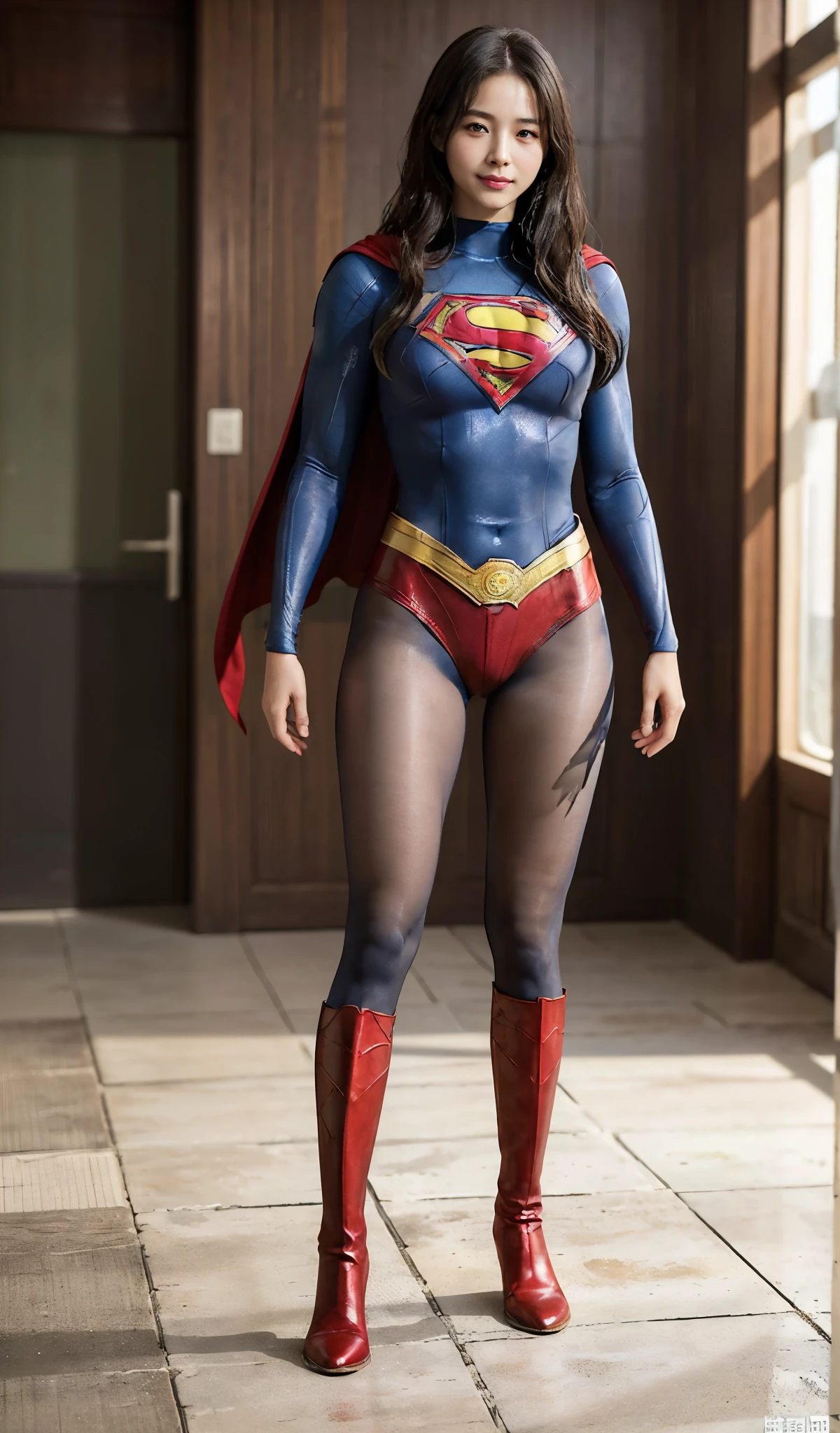 No background、(((Beautiful legs in black tights.)))、(((Legally express the beauty of your smile)))、((((Make the most of your original images)))、(((Body-fitting Supergirl costume)))、(((Supergirl Costume)))、(((Beautiful Hair)))、(((suffering)))、(((Please wear black tights....、Wear red boots)))、((Best image quality、8k))、((highest quality、8k、masterpiece:1.3))、(((Preserve background )))、Sharp focus:1.2、Beautiful woman with perfect figure:1.4、Slim Abs:1.2、Wet body:1.5、Highly detailed face and skin texture、8k