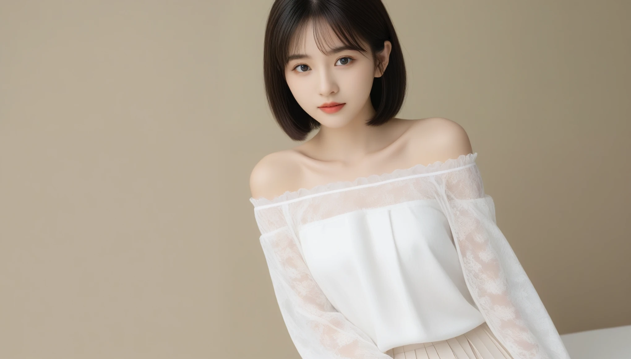 8k, Ultra-high resolution, highest quality, masterpiece, Surreal, photograph, 1 girl, (16 years old:1.3), pretty girl, Cute Face, Beautiful eyes in every detail, 細かくdetailedに,masterpiece,Japan Female Announcer,(One Girl), Great face and eyes, (Big round eyes:1.15), (非常にdetailedな美しい顔), (Lace-off shoulder, Pleated mini skirt:1.3), (highest quality:1.4), (超detailed), (Surreal, Photorealistic:1.37), Beautiful white skin, 非常にdetailedな CG 統合 8k 壁紙, RAWphotograph, プロのphotograph撮影, Cinema Lighting, Bedroom, futon, pillow, Sitting, Please spread your legs wide, Look at me, (Beautiful Flower Wallpaper), Ephemeral、Fragile, Adorable,Bob Cut Hair, Dynamic pose、 Sexy pose、See through 、Looking at the audience、beauty,Long neck、Laugh a little、Please close your mouth and laugh、(((Ideal body type))),A-cup small breasts :2,、Portraiture:2、Perfect Anatomy、鮮明なdetailed、detailed、Surreal、Light and shadow,Strong light,Fashion magazine cover,Thin lips