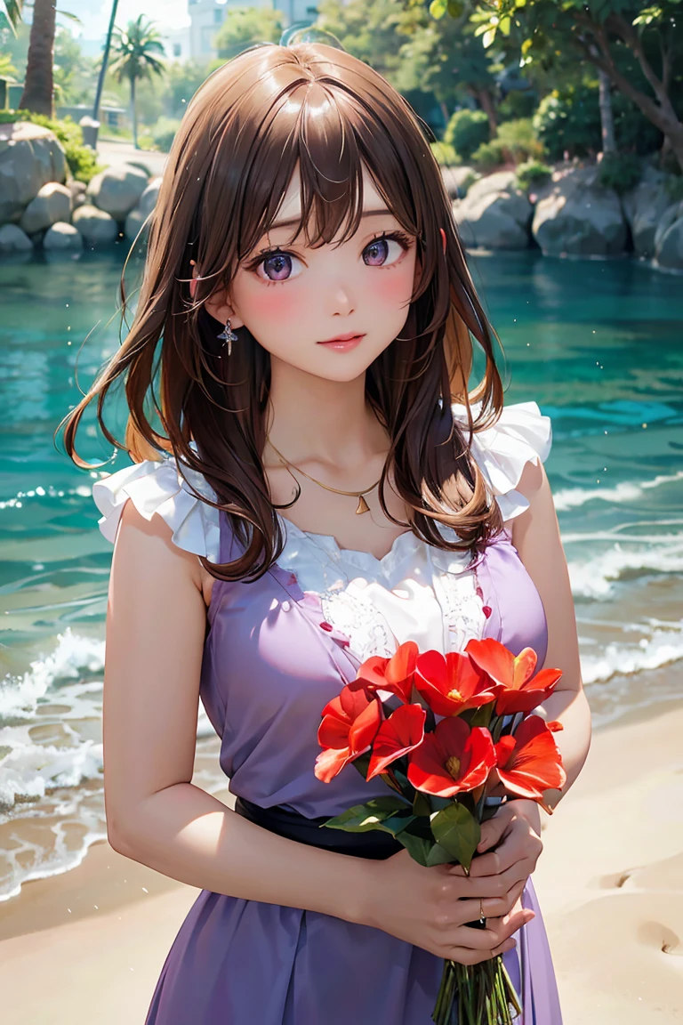 highest quality, (Ultra-high definition 4K), (Ultra High Resolution 8K), Photorealistic, Bright colors, High-definition facial beauty, Beautiful Hair, ((Lip gloss)), (Big and ample breasts), pretty girl, Standing model, Holding a bouquet of red flowers in both hands, Diamond Necklace, Lavender violet dress with beaded embroidery, Beautiful sandy beach, sunlight, Gentle breeze, (Soft lighting, Rendered), Moderate: oil, 35mm f/1.8, Photographed with Sony FE GM