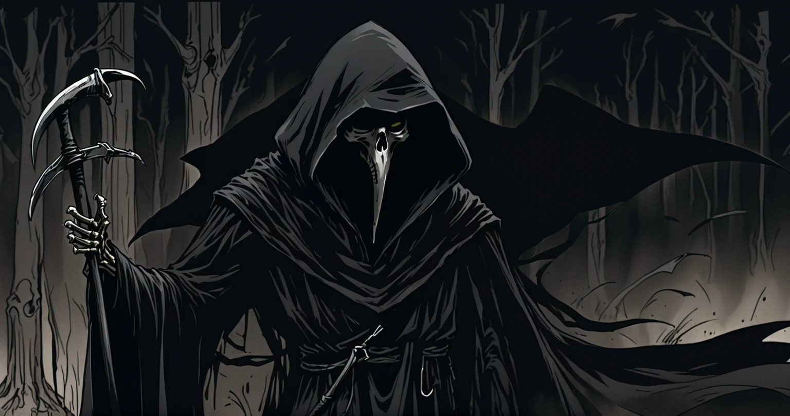 Grim Reaper, scythe, darkness, Black, blackout, black tones, black hues, black color scale, emerging from darkness, Grim Reaper plague doctor, unsettling, hand drawn, realism, rotoscope, cinematic, strange, figure that represents death, often depicted as a skeleton in a black cloak and hood, carrying a scythe.