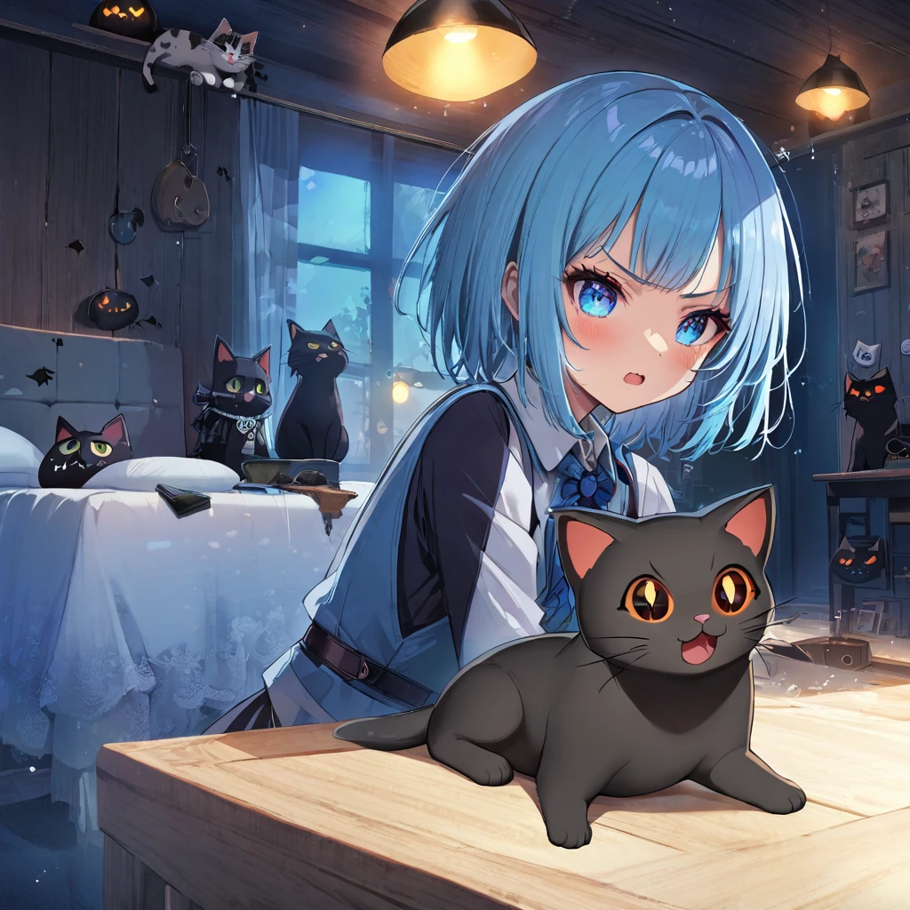 A girl's spooky bedroom filled with numerous pitch-black cats with glowing eyes. The girl's petrified reaction as she screams in surprise at the cats. The other friends of the girl burst into laughter upon witnessing her jump scare moment. The cats, annoyed by the commotion, stare disapprovingly at their owner. The entire scene is bathed in a dimly lit ambiance, with a hint of eerie blue tones.