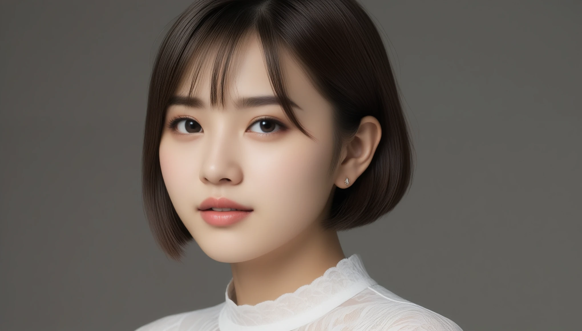 8k, 超High resolution, highest quality, masterpiece, Surreal, photograph, 1 girl, (:1.3), cute女の子, cuteface, Beautiful eyes in every detail, 細かくdetailedに,masterpiece,Japan Female Announcer,(Gaziantep:1.5), close, masterpiece, highest quality, RAWphotograph, Realistic, face, Incredibly absurd, beautiful girl, cute, short hair, Depth of written boundary, High resolution, 超detailed, 細かくdetailedに, 非常にdetailed, 非常にdetailed eyes and face, Sharp pupils, Realistic students, Sharp focus, Cinema Lighting,Bob Cut Hair, Dynamic pose、 Sexy pose、See through 、Looking at the audience、beauty,Long neck、Laugh a little、Please close your mouth and laugh、(((Ideal body type))),A-cup small breasts :2,、Portraiture:2、Perfect Anatomy、鮮明なdetailed、detailed、Surreal、Light and shadow,Strong light,Fashion magazine cover,Thin lips