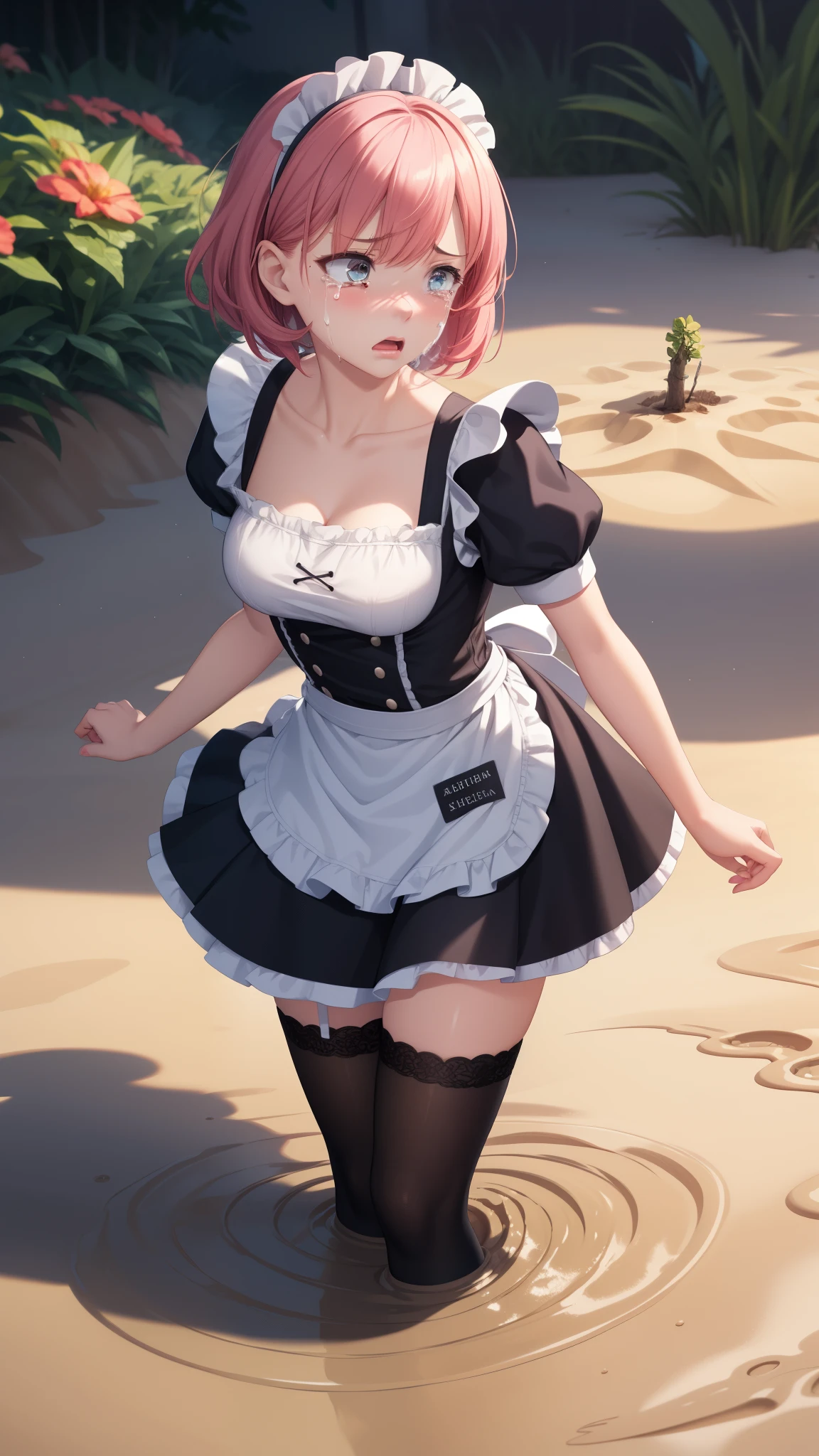 1girl, natural lighting, masterpiece, highly detailed, illustration, game CG, absurdres, high quality, aichan, large breasts, beautiful detailed eyes, medium bright pink hair, bangs, glossy lips, upset, scared, crying, garden, maid, short puffy sleeves, small maid apron, thigh highs, collarbone, (quicksand:1.3)