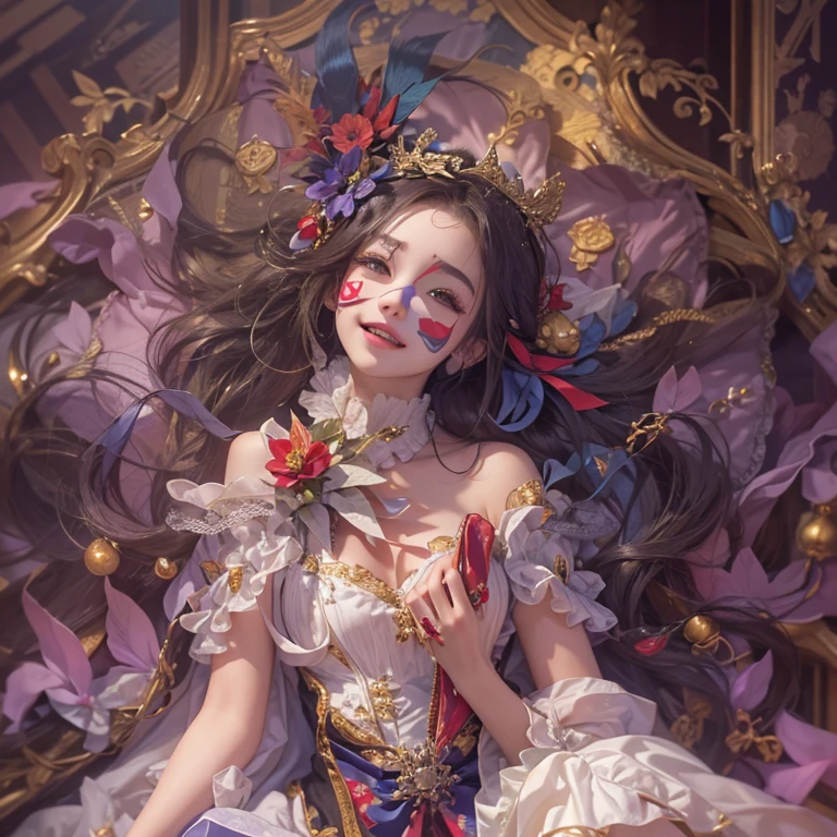 Hiding in the castle、Hair flow、 ((highest quality、masterpiece、8k、Best image quality、Ultra-high resolution、Award-winning works)、(Accurate anatomy:1.1)、(Look at me and smile:1.1)、Shining fair skin with Ultra-high resolution、The most detailed face、Ultra-high resolution detailed face、Ultra-high resolutionの髪の毛、(Ultra-high resolutionの煌めく瞳:1.1)、Beautiful face drawn in every detail、(Blurred Background:1.1)、Cheerful clown costume, Chest to chest, tattoo,、wear Venetian mask、Holding a masquerade mask