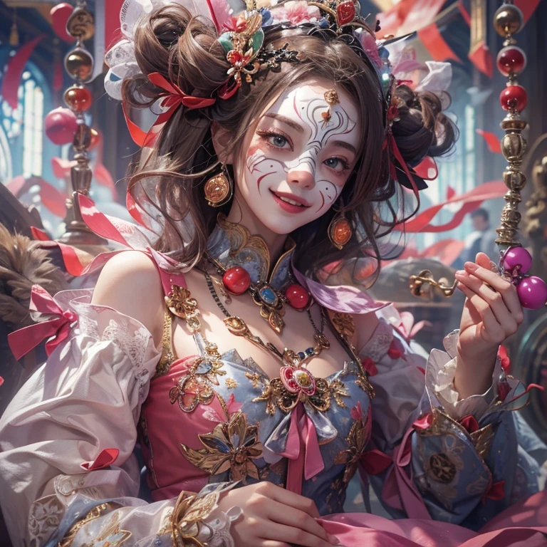 Hiding in the castle、Hair flow、 ((highest quality、masterpiece、8k、Best image quality、Ultra-high resolution、Award-winning works)、(Accurate anatomy:1.1)、(Look at me and smile:1.1)、Shining fair skin with Ultra-high resolution、The most detailed face、Ultra-high resolution detailed face、Ultra-high resolutionの髪の毛、(Ultra-high resolutionの煌めく瞳:1.1)、Beautiful face drawn in every detail、(Blurred Background:1.1)、Cheerful clown costume, Chest to chest, tattoo,、wear Venetian mask、Holding a masquerade mask