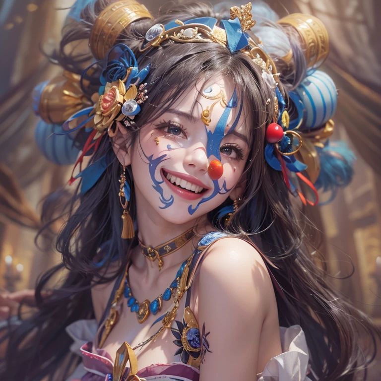 Hiding in the castle、Hair flow、 ((highest quality、masterpiece、8k、Best image quality、Ultra-high resolution、Award-winning works)、(Accurate anatomy:1.1)、(Look at me and smile:1.1)、Shining fair skin with Ultra-high resolution、The most detailed face、Ultra-high resolution detailed face、Ultra-high resolutionの髪の毛、(Ultra-high resolutionの煌めく瞳:1.1)、Beautiful face drawn in every detail、(Blurred Background:1.1)、Cheerful clown costume, Chest to chest, tattoo,、wear Venetian mask、Holding a masquerade mask