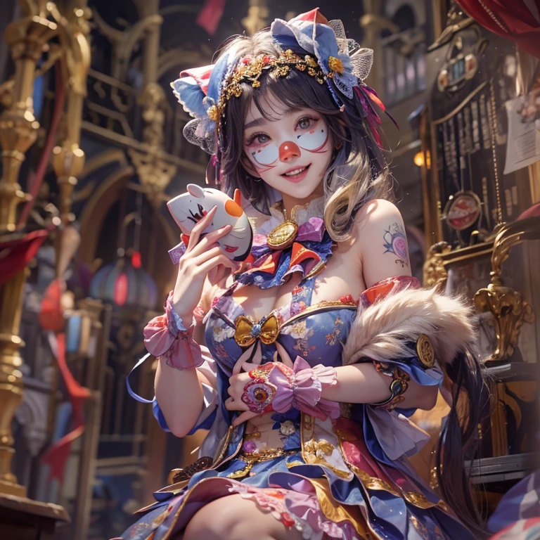 Hiding in the castle、Hair flow、 ((highest quality、masterpiece、8k、Best image quality、Ultra-high resolution、Award-winning works)、(Accurate anatomy:1.1)、(Look at me and smile:1.1)、Shining fair skin with Ultra-high resolution、The most detailed face、Ultra-high resolution detailed face、Ultra-high resolutionの髪の毛、(Ultra-high resolutionの煌めく瞳:1.1)、Beautiful face drawn in every detail、(Blurred Background:1.1)、Cheerful clown costume, Chest to chest, tattoo,、Clown Makeup、Holding a masquerade mask