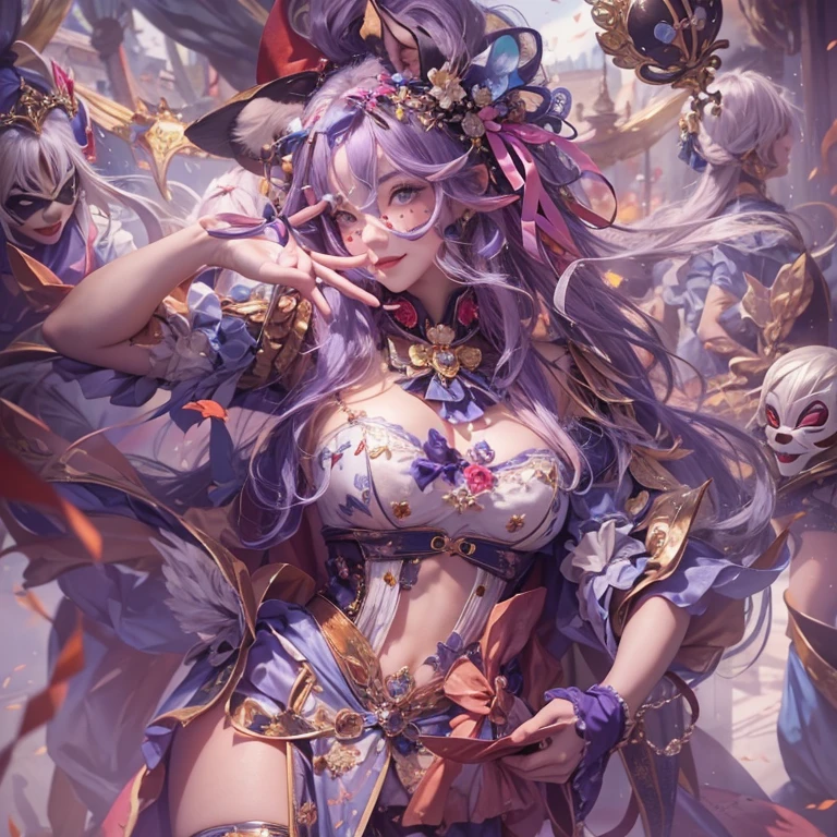 Hiding in the castle、Hair flow、 ((highest quality、masterpiece、8k、Best image quality、Ultra-high resolution、Award-winning works)、(Accurate anatomy:1.1)、(Look at me and smile:1.1)、Shining fair skin with Ultra-high resolution、The most detailed face、Ultra-high resolution detailed face、Ultra-high resolutionの髪の毛、(Ultra-high resolutionの煌めく瞳:1.1)、Beautiful face drawn in every detail、(Blurred Background:1.1)、Cheerful clown costume, Chest to chest, tattoo,、Clown Makeup、Holding a masquerade mask