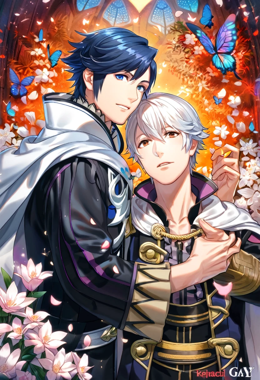 (absurdres, highres, ultra detailed, HDR) master piece, best quality, perfect face, delicated features, Robin, white hair, short hair, expressive brown eyes, Fire emblem awakening, Chrom, dark blue hair, expressive blue eyes, two men together, gay couple, yaoi, handsome, black clothes, white cape, magical, petals, flowers, butterflies