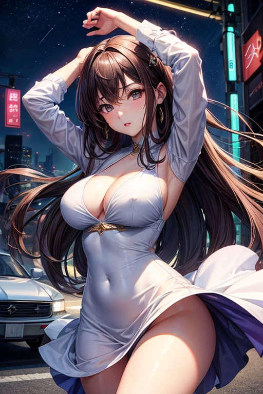 Highest quality、Future City、night、Beautiful full moon、Cars coming and going、woman、20th Generation、D cup breasts、Beautifully shaped breasts、Sexy waist line、Sexy hip line、Long legs、Perfect beautiful eyes、Eyeliner、Beautiful eyebrows、Beautiful lips、Pink Lips、Medium-long hair、Dark brown hair color、Hair blowing in the wind、Walking down the street、Raising your arms and brushing your hair back、Sexy tight dresseini dress、