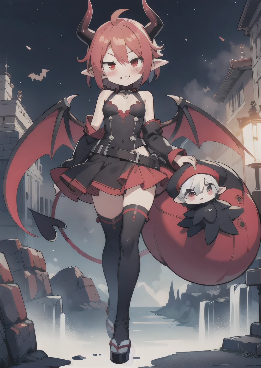 8K, femboy, petit, adult. kawaii vampire, crimson hair, short hair, red eyes, fang, bat wings, smile, (blush), (shy), pointed ears, looking at viewer, dynamic angle, wind, game cg, fantastic scenery, devil tail, demon tail, thin tail, black horns, medium breast, show full body, disgaea, nippon ichi, nis america